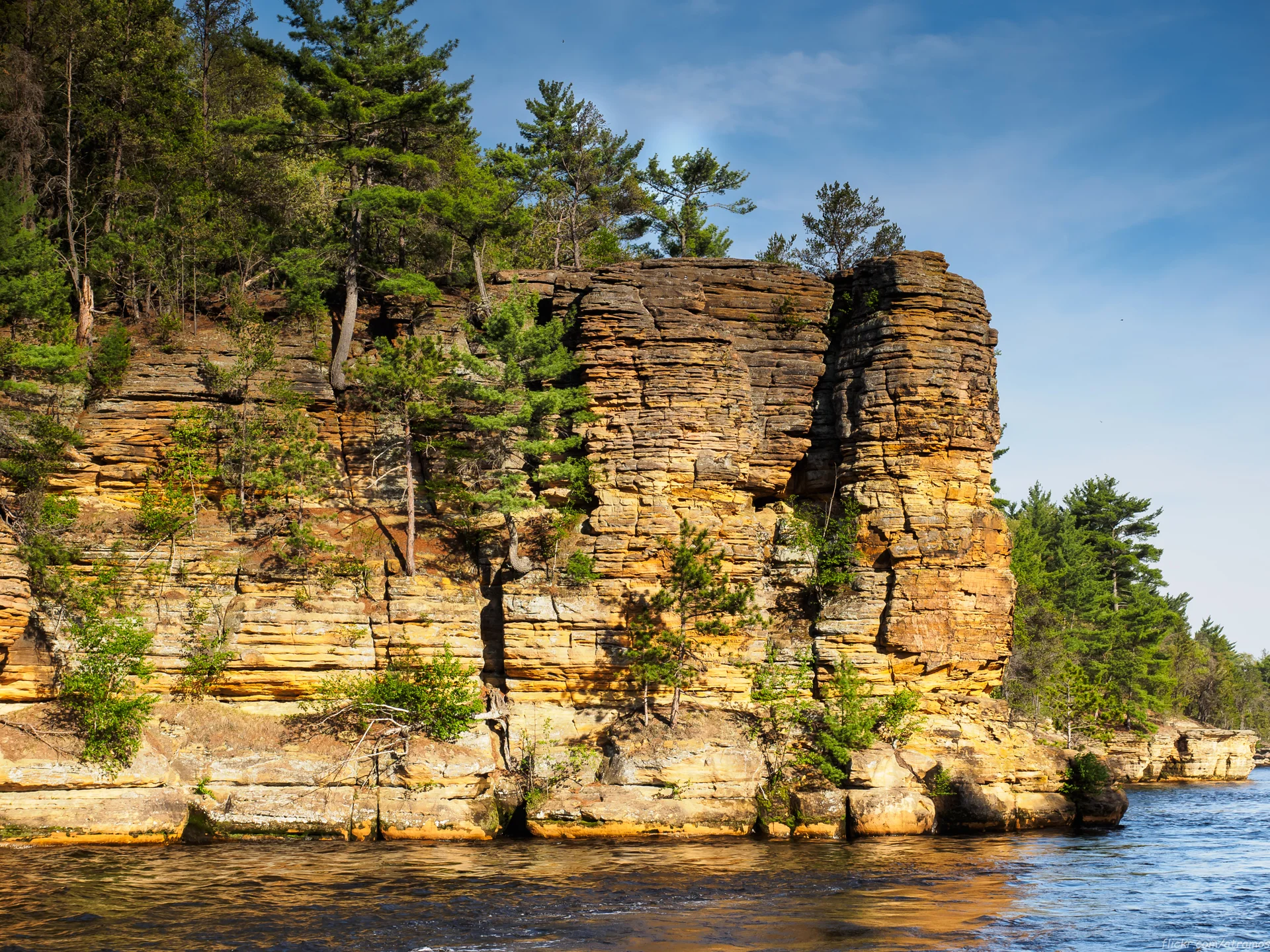 Sandstone cliffs and pine trees beside the Wisconsin River
